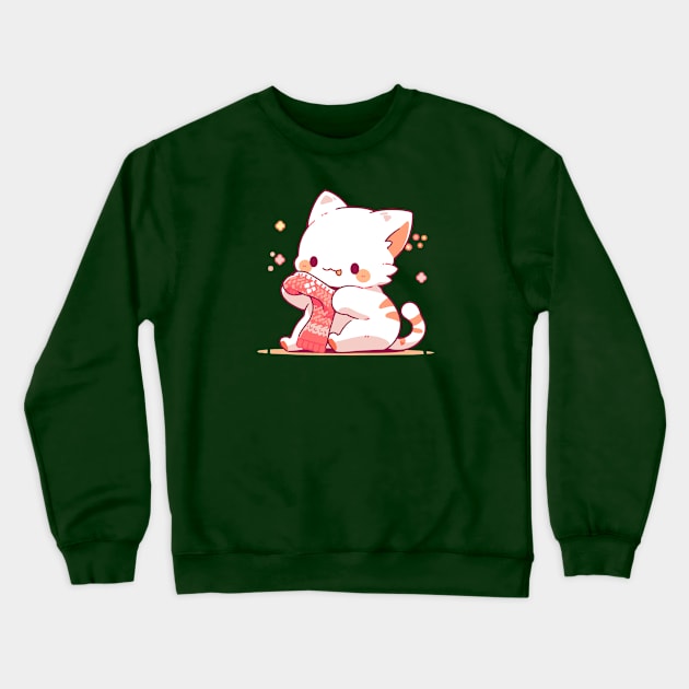 A tiny kitten making a Christmas sock Crewneck Sweatshirt by etherElric